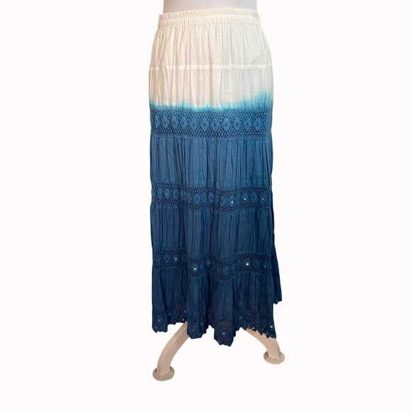 Boho Chic Broomstick Maxi Skirt By Elementz Size S Blue White Ombre Eyelet Sequi - Picture 3 of 16